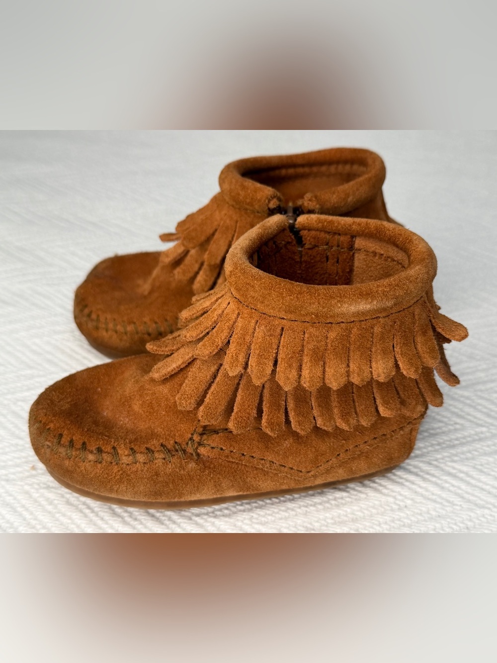 Minnetonka Leather 1292 Brown Double Fringe Bootie Moccasin Size 4 Toddler Zip